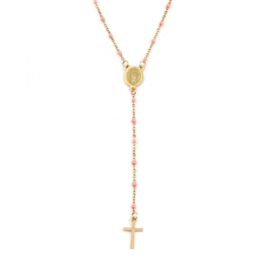 Picture of 1 Piece 304 Stainless Steel Religious Link Cable Chain Prayer Beads Rosary Necklace Gold Plated Pink Cross Virgin Mary Enamel 49cm(19 2/8") long