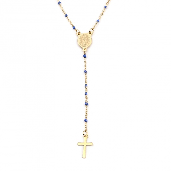 Picture of 1 Piece 304 Stainless Steel Religious Link Cable Chain Prayer Beads Rosary Necklace Gold Plated Royal Blue Cross Virgin Mary Enamel 49cm(19 2/8") long