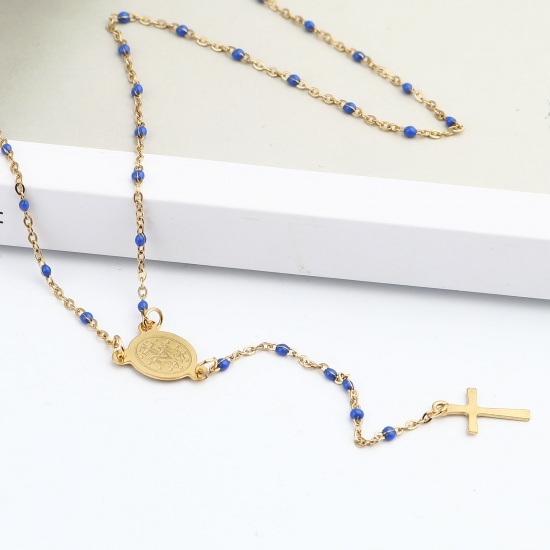 Picture of 1 Piece 304 Stainless Steel Religious Link Cable Chain Prayer Beads Rosary Necklace Gold Plated Royal Blue Cross Virgin Mary Enamel 49cm(19 2/8") long