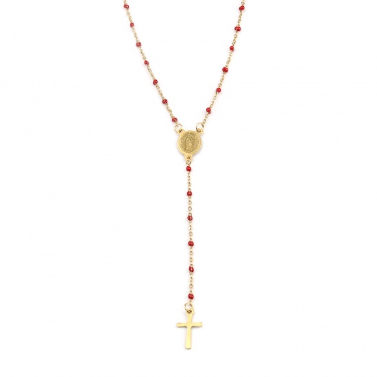 Picture of 1 Piece 304 Stainless Steel Religious Link Cable Chain Prayer Beads Rosary Necklace Gold Plated Red Cross Virgin Mary Enamel 49cm(19 2/8") long