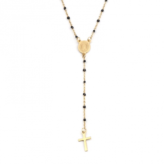 Picture of 1 Piece 304 Stainless Steel Religious Link Cable Chain Prayer Beads Rosary Necklace Gold Plated Black Cross Virgin Mary Enamel 49cm(19 2/8") long