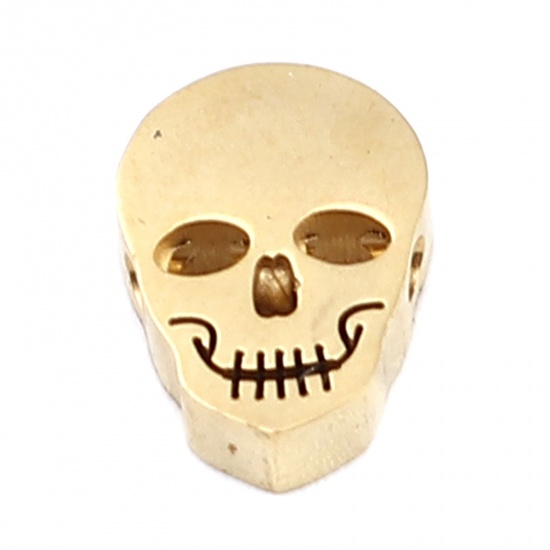 Picture of 304 Stainless Steel Halloween Beads Skull Gold Plated 10mm x 7mm, Hole: Approx 1.3mm, 2 PCs