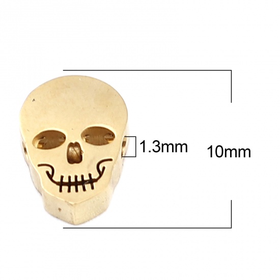 Imagen de 304 Acero Inoxidable Halloween Cuentas Cráneo Chapado en Oro 10mm x 7mm, Agujero: Aprox 1.3mm, 2 Unidades