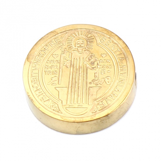Bild von 304 Edelstahl Religiös Perlen Flachrund Vergoldet Jesus 15mm D., Loch: ca. 2mm, 2 Stück
