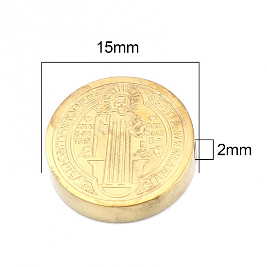 Bild von 304 Edelstahl Religiös Perlen Flachrund Vergoldet Jesus 15mm D., Loch: ca. 2mm, 2 Stück