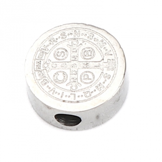 Bild von 304 Edelstahl Religiös Perlen Flachrund Silberfarbe Jesus 8mm D., Loch: ca. 2mm, 2 Stück