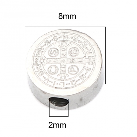 Bild von 304 Edelstahl Religiös Perlen Flachrund Silberfarbe Jesus 8mm D., Loch: ca. 2mm, 2 Stück