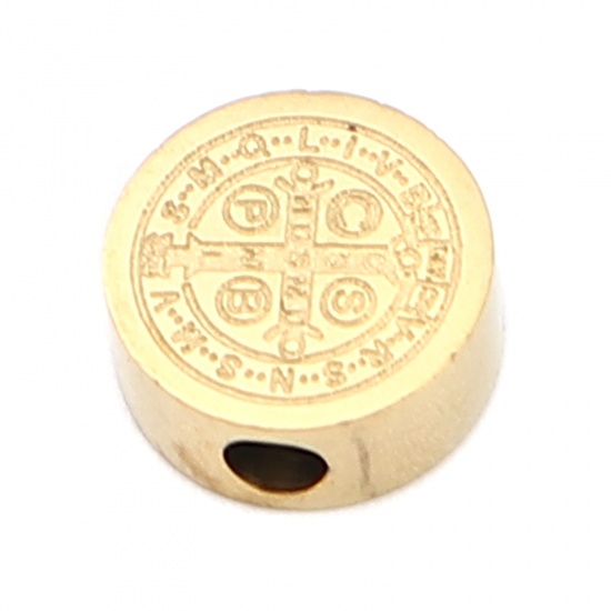 Bild von 304 Edelstahl Religiös Perlen Flachrund Vergoldet Jesus 8mm D., Loch: ca. 2mm, 2 Stück