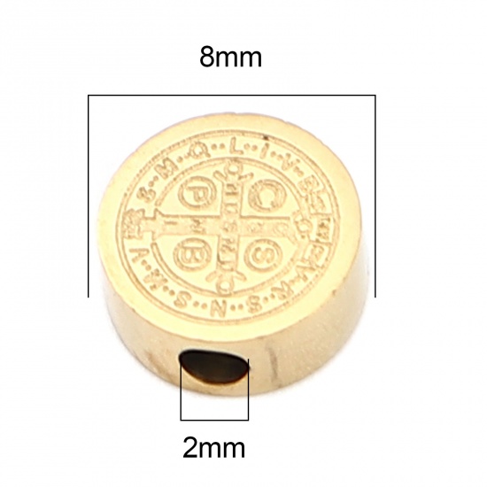 Bild von 304 Edelstahl Religiös Perlen Flachrund Vergoldet Jesus 8mm D., Loch: ca. 2mm, 2 Stück