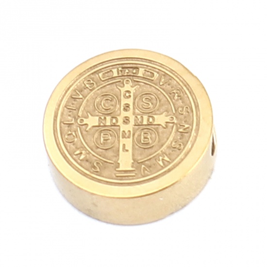 Bild von 304 Edelstahl Religiös Perlen Flachrund Vergoldet Jesus 10mm D., Loch: ca. 1.9mm, 2 Stück