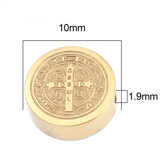 Bild von 304 Edelstahl Religiös Perlen Flachrund Vergoldet Jesus 10mm D., Loch: ca. 1.9mm, 2 Stück