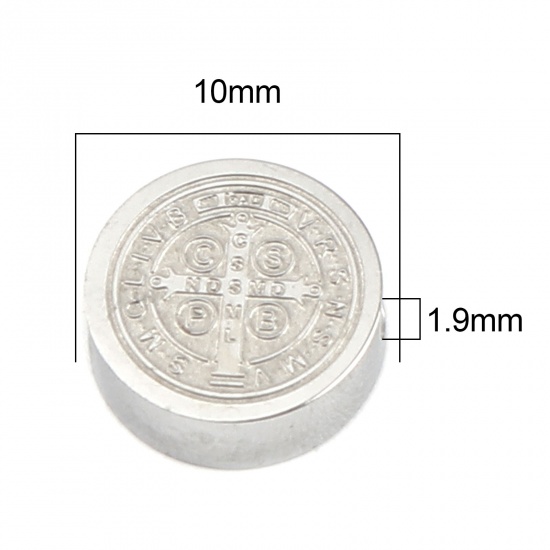 Bild von 304 Edelstahl Religiös Perlen Flachrund Silberfarbe Jesus 10mm D., Loch: ca. 1.9mm, 2 Stück