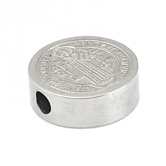 Bild von 304 Edelstahl Religiös Perlen Flachrund Silberfarbe Jesus 10mm D., Loch: ca. 1.9mm, 2 Stück