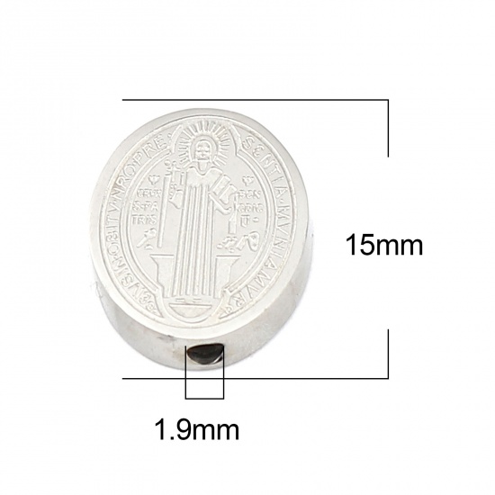 Bild von 304 Edelstahl Religiös Perlen Flachrund Silberfarbe Jesus 15mm x 12mm, Loch: ca. 1.9mm, 2 Stück