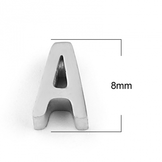 Picture of 304 Stainless Steel Beads Capital Alphabet/ Letter Silver Tone Message " A " 8mm x 5mm, Hole: Approx 1.4mm, 3 PCs