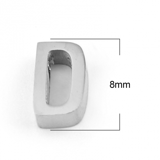 Picture of 304 Stainless Steel Beads Capital Alphabet/ Letter Silver Tone Message " D " 8mm x 5mm, Hole: Approx 1.4mm, 3 PCs