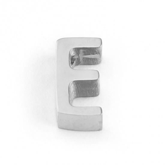 Picture of 304 Stainless Steel Beads Capital Alphabet/ Letter Silver Tone Message " E " 7mm x 4mm, Hole: Approx 1.5mm, 3 PCs
