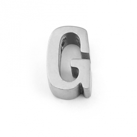 Picture of 304 Stainless Steel Beads Capital Alphabet/ Letter Silver Tone Message " G " 8mm x 5mm, Hole: Approx 1.4mm, 3 PCs