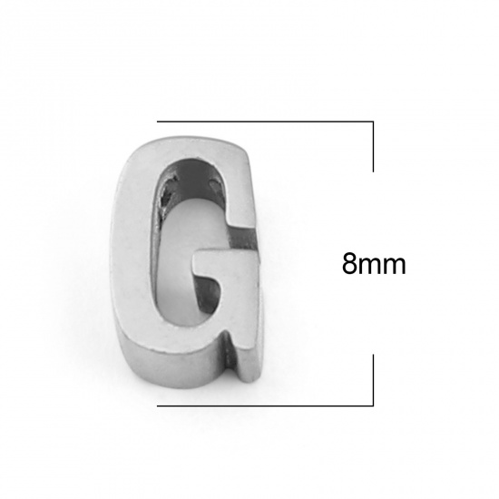 Picture of 304 Stainless Steel Beads Capital Alphabet/ Letter Silver Tone Message " G " 8mm x 5mm, Hole: Approx 1.4mm, 3 PCs