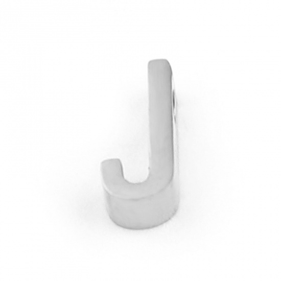 Picture of 304 Stainless Steel Beads Capital Alphabet/ Letter Silver Tone Message " J " 8mm x 4mm, Hole: Approx 1.5mm, 3 PCs