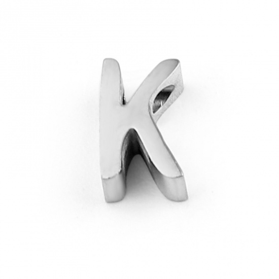 Picture of 304 Stainless Steel Beads Capital Alphabet/ Letter Silver Tone Message " K " 8mm x 5mm, Hole: Approx 1.4mm, 3 PCs