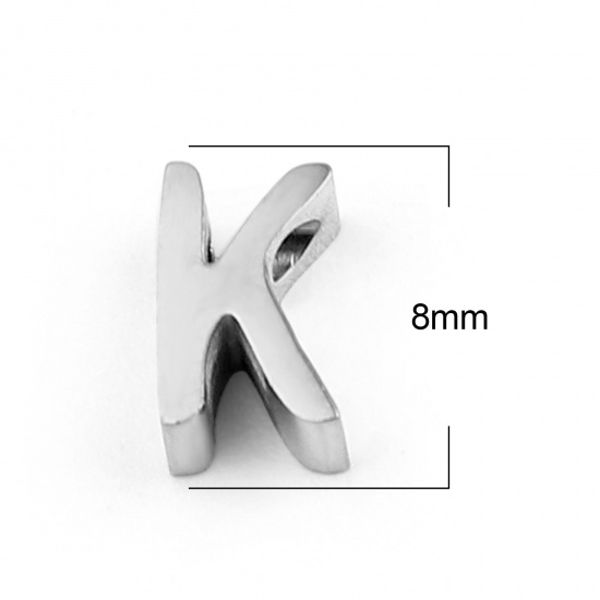 Picture of 304 Stainless Steel Beads Capital Alphabet/ Letter Silver Tone Message " K " 8mm x 5mm, Hole: Approx 1.4mm, 3 PCs