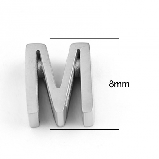 Picture of 304 Stainless Steel Beads Capital Alphabet/ Letter Silver Tone Message " M " 8mm x 6mm, Hole: Approx 1.5mm, 3 PCs