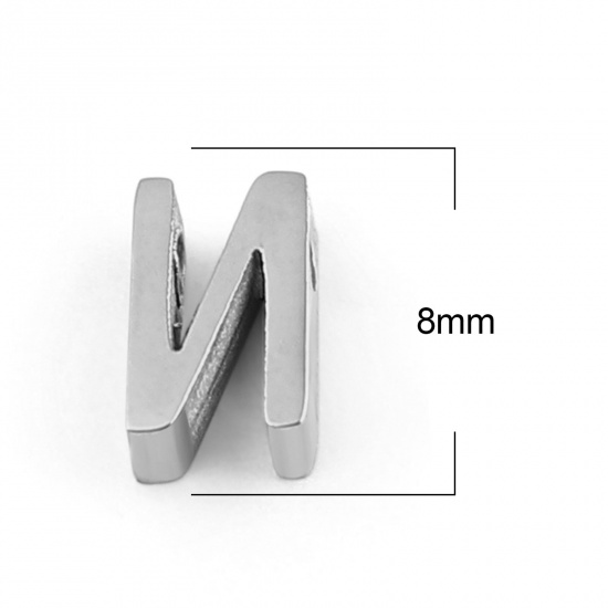 Picture of 304 Stainless Steel Beads Capital Alphabet/ Letter Silver Tone Message " N " 8mm x 5mm, Hole: Approx 1.5mm, 3 PCs