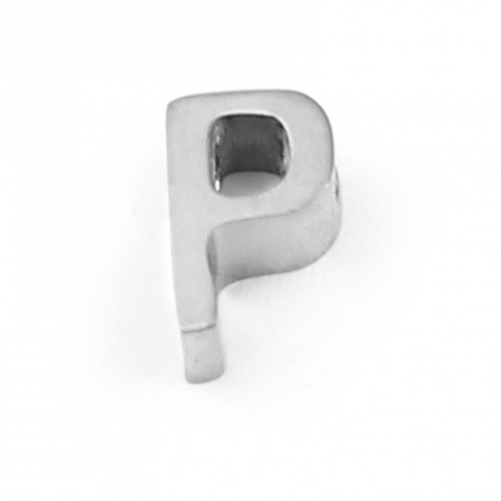 Picture of 304 Stainless Steel Beads Capital Alphabet/ Letter Silver Tone Message " P " 8mm x 5mm, Hole: Approx 1.4mm, 3 PCs