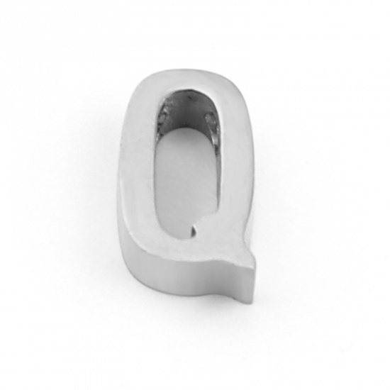 Picture of 304 Stainless Steel Beads Capital Alphabet/ Letter Silver Tone Message " Q " 8mm x 5mm, Hole: Approx 1.4mm, 3 PCs