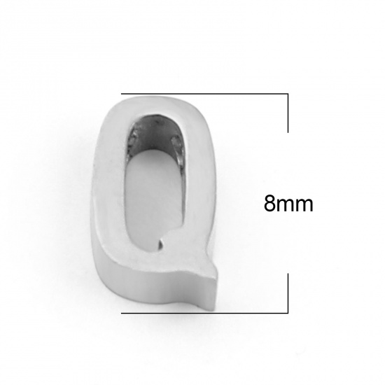 Picture of 304 Stainless Steel Beads Capital Alphabet/ Letter Silver Tone Message " Q " 8mm x 5mm, Hole: Approx 1.4mm, 3 PCs