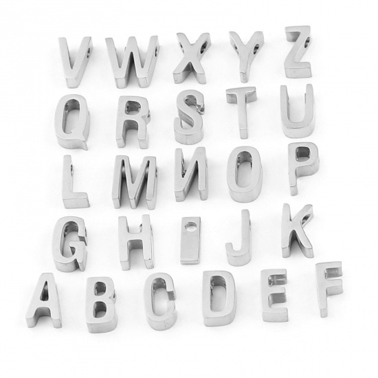 Picture of 304 Stainless Steel Beads Capital Alphabet/ Letter Silver Tone Message " Q " 8mm x 5mm, Hole: Approx 1.4mm, 3 PCs