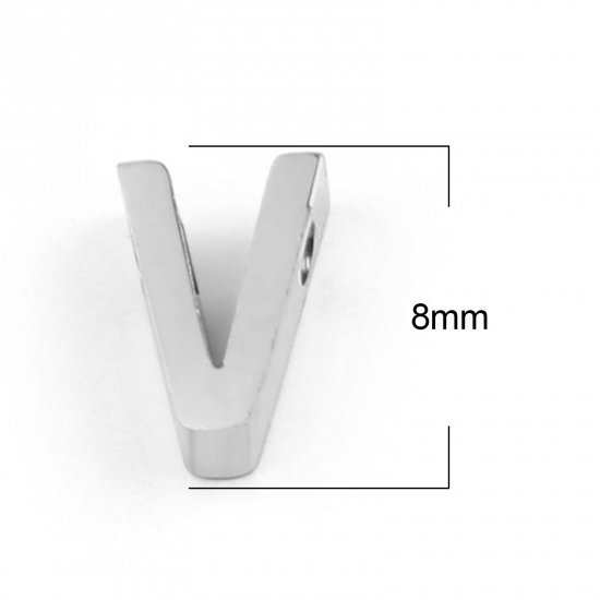 Picture of 304 Stainless Steel Beads Capital Alphabet/ Letter Silver Tone Message " V " 8mm x 5mm, Hole: Approx 1.4mm, 3 PCs