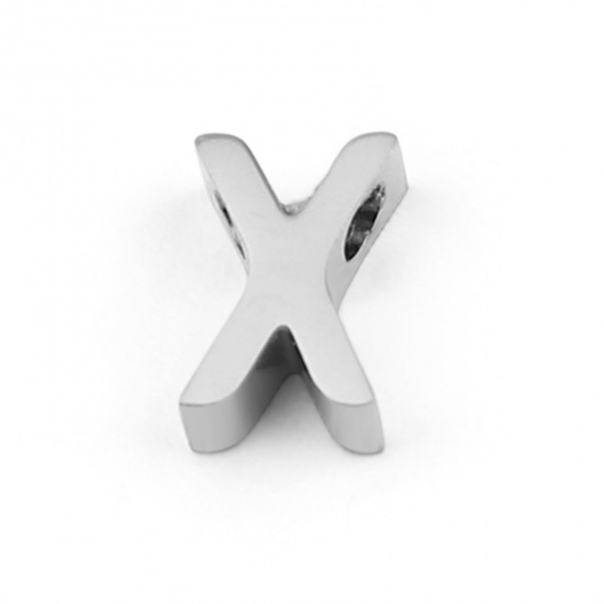 Picture of 304 Stainless Steel Beads Capital Alphabet/ Letter Silver Tone Message " X " 8mm x 5mm, Hole: Approx 1.5mm, 3 PCs