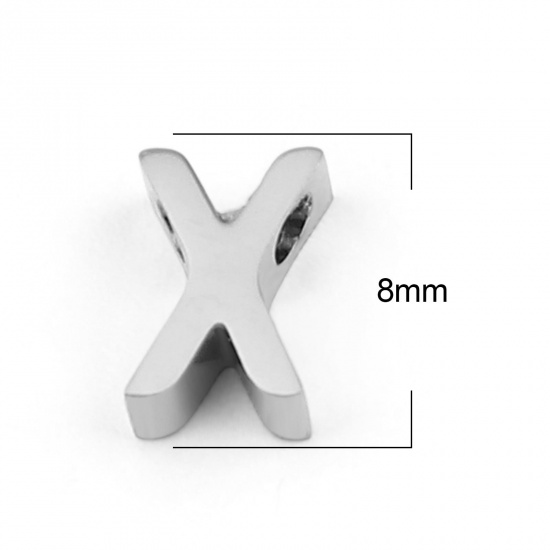 Picture of 304 Stainless Steel Beads Capital Alphabet/ Letter Silver Tone Message " X " 8mm x 5mm, Hole: Approx 1.5mm, 3 PCs