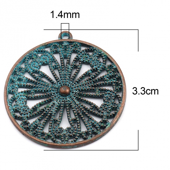 Picture of Zinc Based Alloy Patina Pendants Round Antique Copper Green Blue Flower 33mm x 30mm, 20 PCs