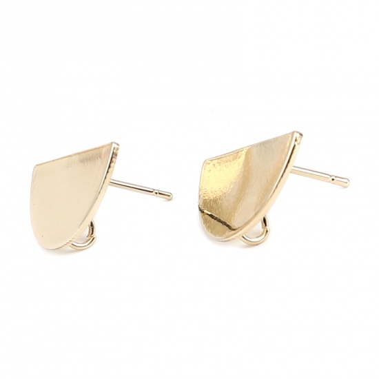 Picture of Zinc Based Alloy Ear Post Stud Earrings Findings Half Round Real Gold Plated W/ Loop 21mm x 11mm, Post/ Wire Size: (21 gauge), 2 Pairs