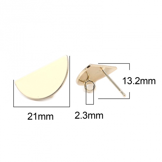 Picture of Zinc Based Alloy Ear Post Stud Earrings Findings Half Round Real Gold Plated W/ Loop 21mm x 11mm, Post/ Wire Size: (21 gauge), 2 Pairs