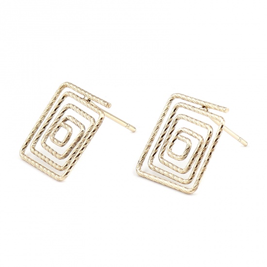 Picture of Zinc Based Alloy Ear Post Stud Earrings Findings Geometric Real Gold Plated W/ Loop 14mm x 14mm, Post/ Wire Size: (21 gauge), 2 Pairs