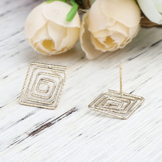Picture of Zinc Based Alloy Ear Post Stud Earrings Findings Geometric Real Gold Plated W/ Loop 14mm x 14mm, Post/ Wire Size: (21 gauge), 2 Pairs