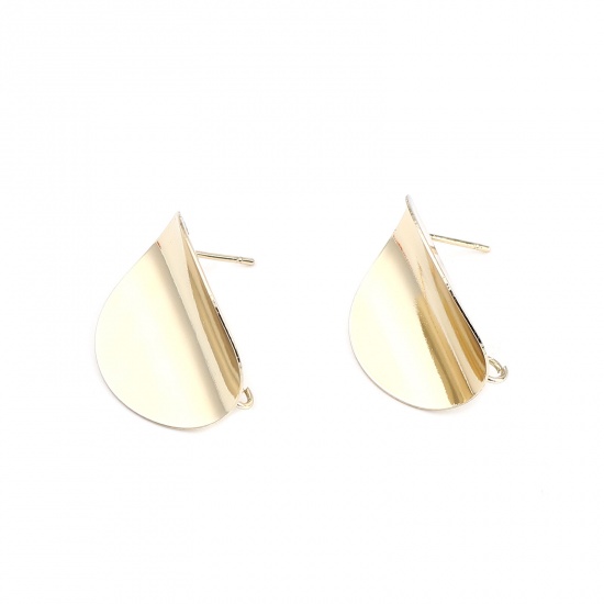 Picture of Zinc Based Alloy Ear Post Stud Earrings Findings Oval Real Gold Plated W/ Loop 25mm x 20mm, Post/ Wire Size: (21 gauge), 2 Pairs