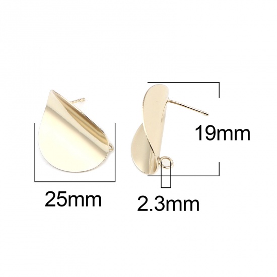 Picture of Zinc Based Alloy Ear Post Stud Earrings Findings Oval Real Gold Plated W/ Loop 25mm x 20mm, Post/ Wire Size: (21 gauge), 2 Pairs