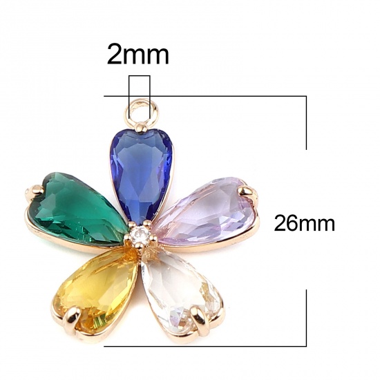 Picture of Brass Charms Gold Plated Flower Multicolor Rhinestone 26mm x 23mm, 2 PCs                                                                                                                                                                                      