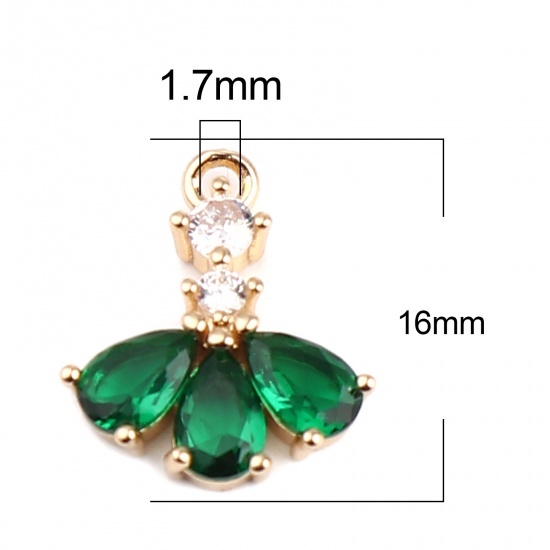 Immagine di Ottone Charms Oro Placcato A Forma di Ventagli Goccia Trasparente & Verde Strass 16mm x 13mm, 5 Pz