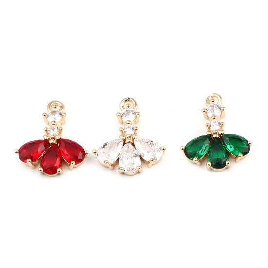 Immagine di Ottone Charms Oro Placcato A Forma di Ventagli Goccia Trasparente & Verde Strass 16mm x 13mm, 5 Pz
