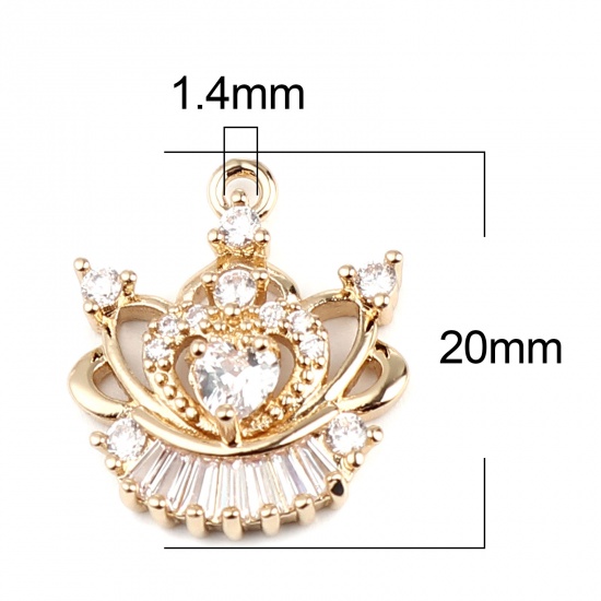 Picture of Brass Charms Gold Plated Crown Clear Rhinestone 20mm x 16mm, 2 PCs                                                                                                                                                                                            
