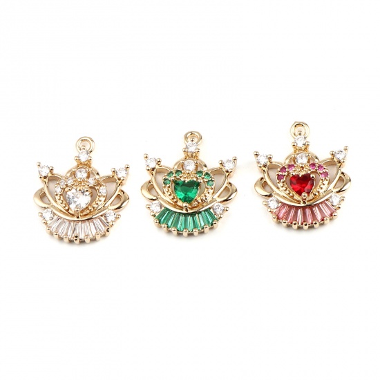 Picture of Brass Charms Gold Plated Crown Multicolor Rhinestone 20mm x 16mm, 2 PCs                                                                                                                                                                                       