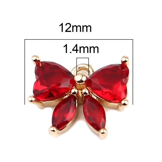 Immagine di Ottone Charms Oro Placcato Cravatta a Farfalla Rosso Strass 12mm x 10mm, 5 Pz