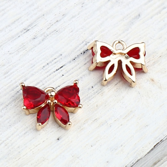 Immagine di Ottone Charms Oro Placcato Cravatta a Farfalla Rosso Strass 12mm x 10mm, 5 Pz