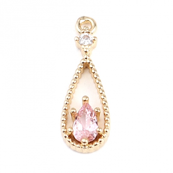 Image de Breloques en Laiton Goutte d'Eau Doré à Strass Rose 18mm x 6mm, 5 Pcs